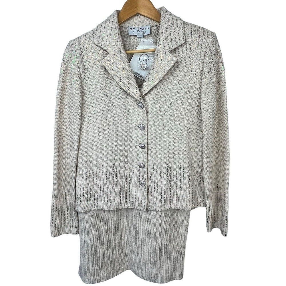 St. John Evening By Marie Gray Cream Gold Knit Suit with Skirt Sz 6 NWT Sparkle